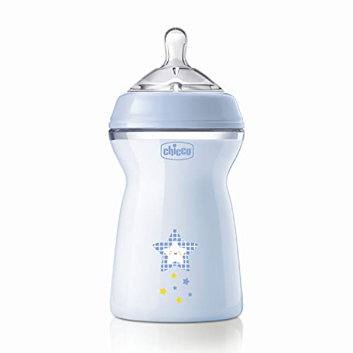 Chicco Natural Feeling Anti-Colic Baby Bottle 6+ Months 330 ml, Baby Bottle with Soft and Flexible Silicone Teat, Suitable for Breastfeeding, Blue