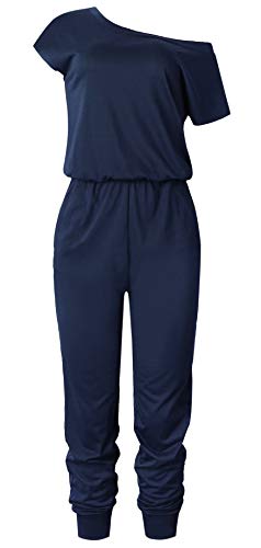 RichCoco Women's Floral Printed Jumpsuit Casual O Neck Loose Long Wide Legs Pants Jumpsuit Rompers with Pockets (Navy, L)