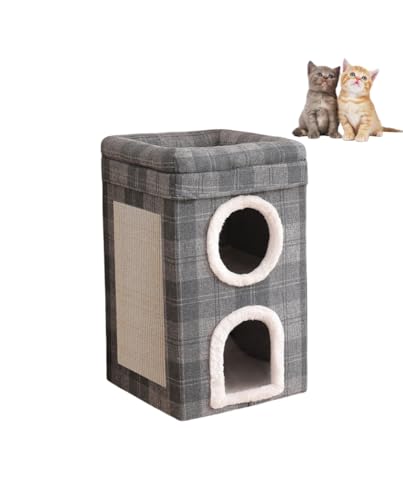 Cat House for Indoor, 3-Level Covered Cat Condo with Scratch Pad and Hideaway Cave, Cat Bed &Furniture for Multi Pets and Large Cats, 15.3 * 15.3 * 26 inches, Cat Playground Play Center, Grey