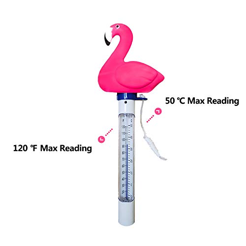 Floating Pool Thermometer, Large Display with String Easy to Read, Shatter Resistant, for Outdoor & Indoor Swimming Pools, Spas, Hot Tubs, Jacuzzis & Aquariums (Flamingo)