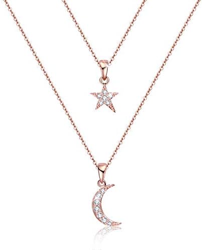 Native League Multi-Layered Moon & Star Pendant with Cubic Zirconia Necklace for Women, 18”+2” Cable Chain