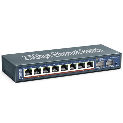 Unmanaged 10 Ports 2.5G Ethernet Switch, 8 Ports 2.5G Base-T, 2 x 10G SFP, Compatible with 100/1000/2500Mbps, Metal, Desk/Wall Mounted, YuanLey 2.5Gbe Network Switch for Wireless AP, NAS, PC