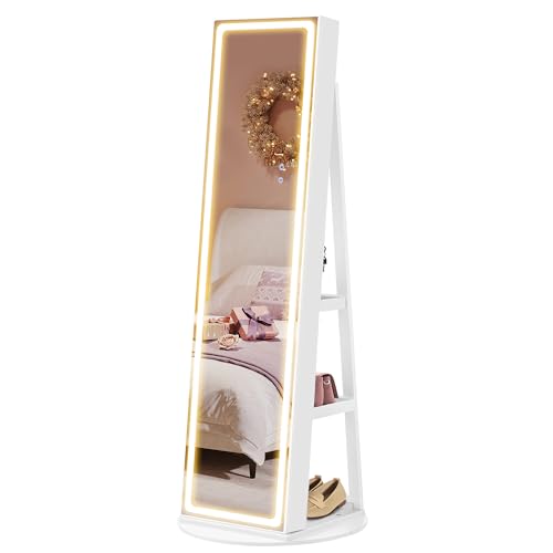 SONGMICS LED Jewelry Cabinet Standing, Lockable Armoire With Full-Length Mirror and Adjustable Lights, Space-Saving Organizer, Christmas Gifts for Women, Gift Idea, Cloud White UJJC008W01