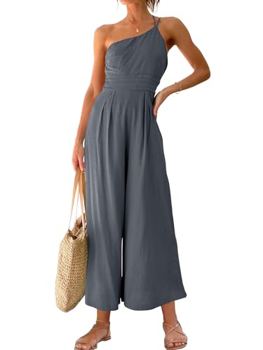 ANRABESS Women's Summer Straps One Shoulder High Waist Dressy Casual Wide Leg Linen Jumpsuit Romper Beach Travel Outfits