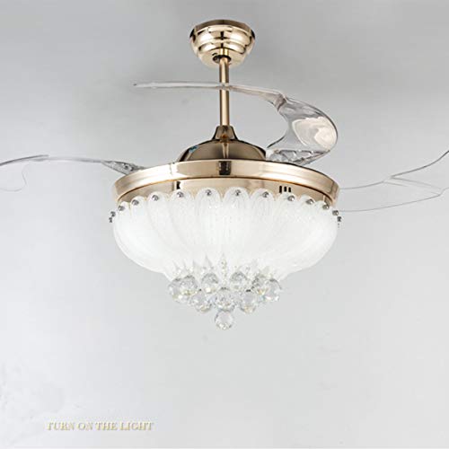 Crystal Ceiling Fan with Lights and Remote, Retractable Blades Ceiling Fan 3 Colors 3 Speeds Dimmable with Silent Motor Modern Chandelier Fan, Crystal Ceiling Fandelier for Bedroom Living Room 42 Inch