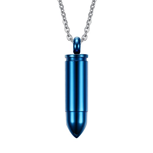 Meixao Stainless Steel Bullet Pendant Necklace,Urn Necklaces for Ashes,Free Chain (Blue)