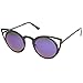 zeroUV Womens Fashion Round Metal Cut-Out Flash Mirror Lens Cat Eye Sunglasses (Black/Blue Mirror)