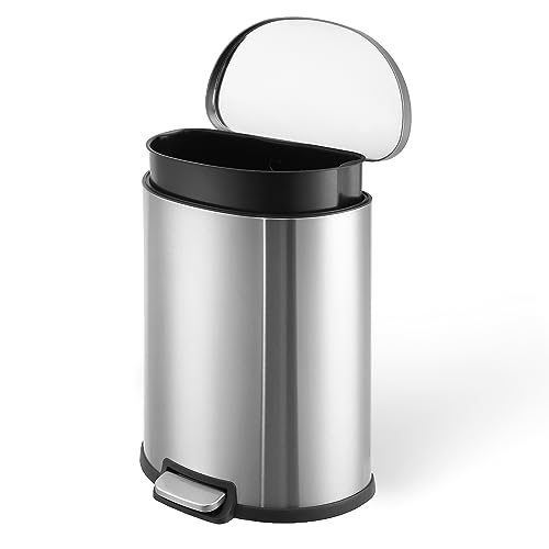 Garvee 50 Liter Stainless Steel Kitchen Trash Can with Step Pedal & Soft Close Lid, Fingerprint-Proof Oval Garbage Bin with Removable Inner Bucket for Home Kitchen Office