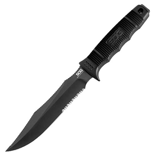 SOG Tactical Knife with Knife Sheath - “SEAL Team Elite” SE37-N Black TiNi 7” Fixed Blade Knife with Survival Knives MOLLE Sharp Knife Sheath + GRN Grip