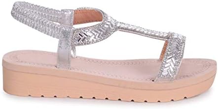 Olympia - Silver T-Bar Diamante Embellished Sandal with Memory Foam Inner