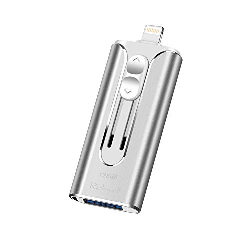 USB Flash Drive 128gb Photo Stick Thumb Drive for iPhone Flash Drive Memory Stick 3in1 USB3.0 External Storage USB Drive Richwell Compatible iPhone iPad Mac Android and Computer (Silver128G-UX)