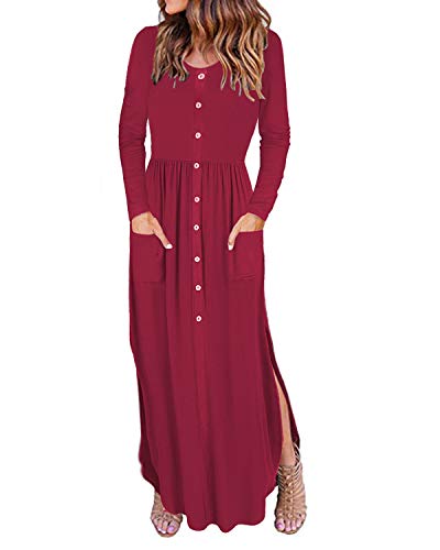 KILIG Women's Long Sleeve Pleated Loose Side Split Button Casual Long Maxi Dress with Pockets(Wine01,XL)
