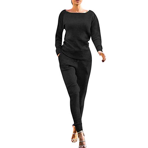 Dreamyth-Winter 2Pcs Women Solid Tracksuit Sweatshirt Regular Sleeve Long Pants Sport Lounge Wear Suit Sets (Black, S:Bust:98cm/38.6'') - Thumbnail 5