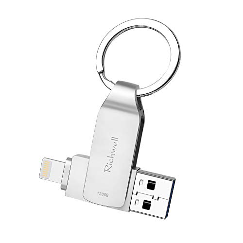 USB Flash Drive for iPhone Flash Drive 128GB Memory Stick USB 3.0 for iPad Thumb Drive Photo Stick 3in1 External Drive Richwell for Apple iPhone iPad iOS Mac Android and Computers (Silver128G)