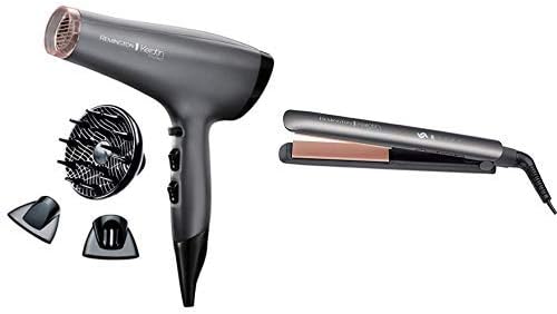Remington Ionic Hair Dryer with Keratin and Almond Oil, Intelligent Ceramic Straighteners, Grey, 4 Piece Set, 1 Count (Pack of 1)