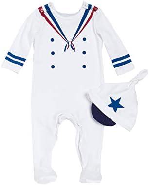ALLAIBB Newborn Baby Boy Costume Footie Naval Sailor Uniforms Cosplay Outfit with Cap Size 59 (White)