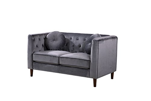 Container Furniture Direct Kitts Velvet Upholstered Modern Chesterfield Loveseat, Gray