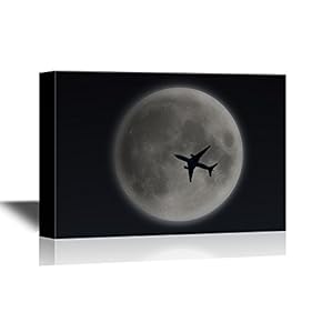 Canvas Wall Art - Airplane Playing in The Night Sky Under The Moon - Gallery Wrap Modern Home Art | Ready to Hang - 12x18 inches