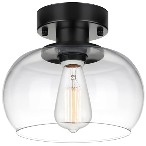 SunRider Semi-Flush Mount Ceiling Light, Modern Clear Glass Ceiling Light Fixture, Matte Black Industrial Pendant Lamp for Bedroom Kitchen Hallway