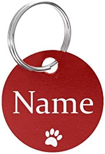 SUPERGOODIES Metal Engraved Personalised Round Coloured Pet Cat Dog Tags Pet ID Disks Collar Charm Name Tag (Red, Front and Back Paw)