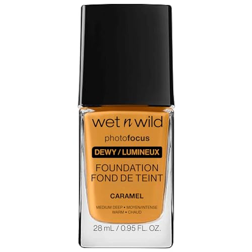 Wet n Wild Photo Focus Dewy Foundation, Hydrating Liquid Foundation for Normal to Dry Skin, Flash-Proof No White Cast, Buildable Radiant Finish, Caramel
