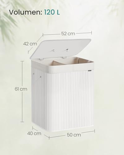 Cesto de la Ropa Sucia con Tapa, 2 compartimentos, 120 L, Cesta de Lavandería de Bambú, Plegable, con Bolsa Lavable Extraíble, Asas, para Lavandería, Dormitorio, Blanco LCB014W01
