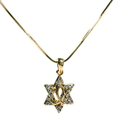 Gold Ichthys (Jesus Fish) Messianic Star of David Pendant - Unisex 15" Necklace