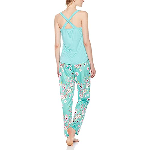 Selene Women\'s Knit Cross-Strap Tank With Pant Green Solid/Green Floral Small