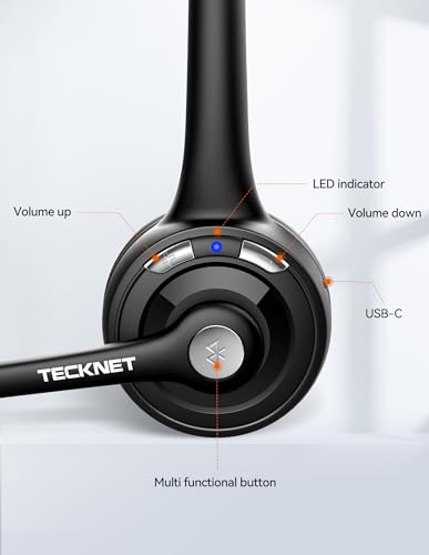 TECKNET Bluetooth Headphones, Wireless Headphones with Noise Cancelling Mic, Mute for Trucker/Mobile Phone/PC/Call Center/Skype