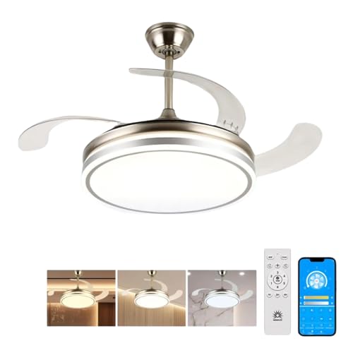 Megaluz F8585-42 Ventilador de techo con luz led y control remoto y APP, 42 pulgadas, luz fría, cálida y neutra, aspas retractiles, Abanico de techo 3 velocidades y motor silencioso (Metal satinado).