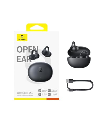 Baseus BC1 Audífonos Inalámbricos de Oído Abierto con Clip, Bluetooth 6.0, hasta 38 Horas de Batería, Sonido con Refuerzo de Bajos por IA, 4-Mic para Llamadas Claras, IP55, Ligero y Cómodo, Negro