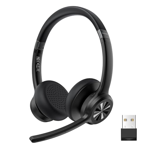 TECKNET V5.2 Bluetooth Headset with Microphone & USB Dongle Wireless Headset with Noise Cancelling and Mute Microphone On-Ear Headphones Wireless for Trucker / Call Center / Office - 50+ Hours Battery