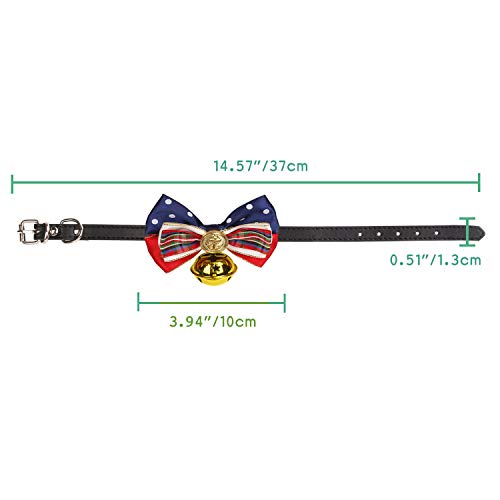 Vavopaw Pet Bowtie Collar, [2 Pack] Puppy Necktie Leather Belt Cute Bowknot Adjustable Small Dog Cat Necklace Collar with Bell Charm, Medium Size - Grid & Stripes - Thumbnail 6