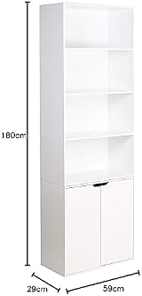 White 6 Tier Bookshelf 2 Doors Cupboard Storage 180cm H 59cm W view 2
