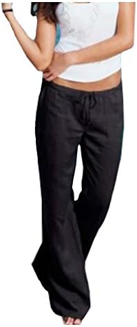 Natsuki Womens Drawstring Band Waist Straight Leg Long Pants With Pockets Linen Black L