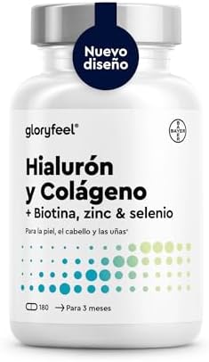Colágeno + Ácido Hialurónico - Soporte al cabello, piel, huesos + sistema inmunitario - Fórmula con 1000 mg de colágeno hidrolizado + Vitamina C, Biotina, Zinc, Selenio y otros - 180 Cápsulas