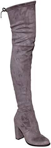 Women's Thigh High Boots Drawstring Inside Zip Block Heel Snug Fit Over The Knee, Color Grey, Size:10