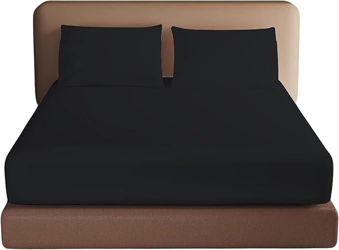 HOMELY IDEAS 200TC Egyptian Cotton Fitted Sheet 40CM/16 Inches Premiun Hotel Quality Extra Deep with Elasticated Corners, Rich Cotton & Breathable Luxury Fitted Bed Sheets (BLACK, 4FT / SMALL DOUBLE)