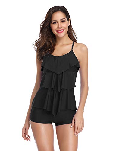 LALAVAVA Women's Two Piece Swimsuit Polka Dot Flounce Printed Tank Top with Boyshorts Bottom Tankini Set (Black, XX-Large) - Thumbnail 3