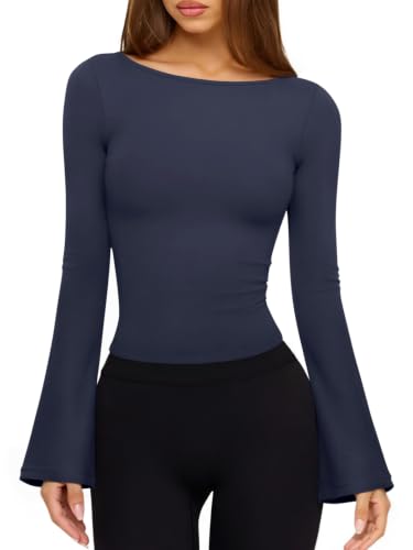 LASLULU Womens Bell Long Sleeve Workout Top Basic Slim Gym Shirt Blue XL at Amazon