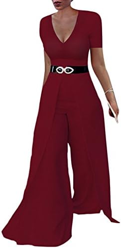 Dreamparis Womens Wide Leg Jumpsuits Short Sleeve Deep V Neck Flare Palazzo Pants Suit