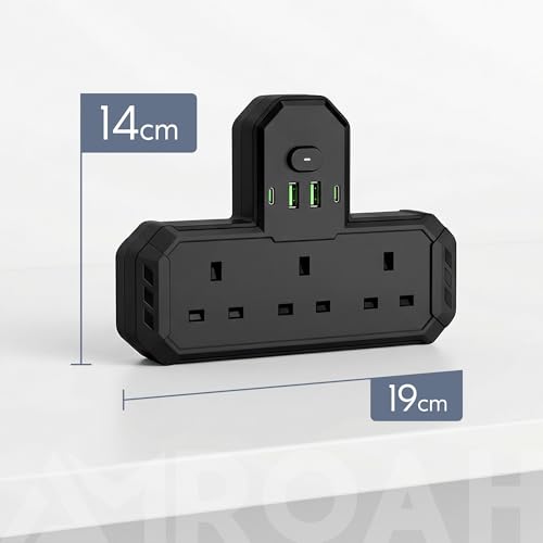 AMROAH Multi Socket 7 in 1 with Night Light, Universal Multi Plug Socket with 3 AC Outlets UK/UAE, Wall Mount Multi Plug with USB Ports, 2 USB A 2 USB C for Home Office Travel