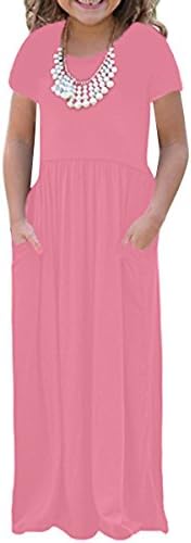 RBwinner Girls Short Sleeve Round Neck Pocket Casual Long Maxi Dress Size 4-13 Years Old (XL, Pink)