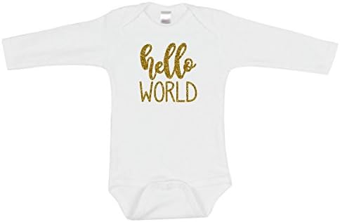 SARBIEN Designs Hello World Bodysuit (Newborn (LS), Gold Glitter)