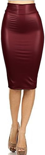 Styleyet Women High Waist Slim Fit Faxu Leather Knee Length Pencil Skirt (Medium, Burgundy)