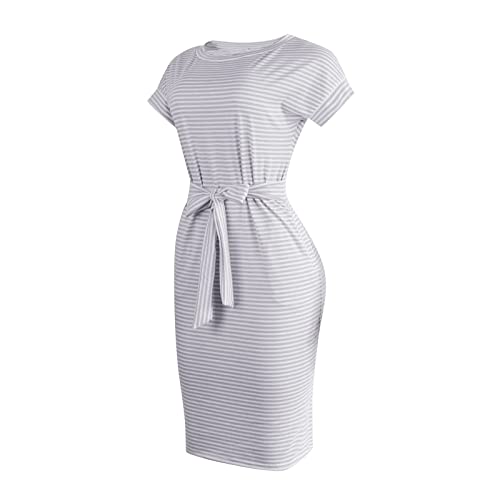 ylioge Summer Dresses for Women 2022 Striped T Shirt Dresses Wrap Midi Dress Casual Tie Waist Sundress with Pockets