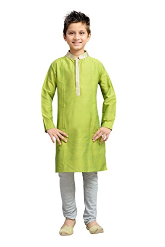 K&U Big Boys' Green & Gray Cotton Silk Kurta & Pyjama Set 7-8 Years