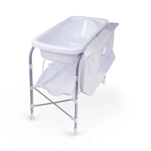 Jikel Ripple Standing Bath and Changing Table,Compact and Easy Folding,Wheeled, Drain Pipe,Parent Organizer,Standalone Bathtub, One-Handing Folding(Grey)