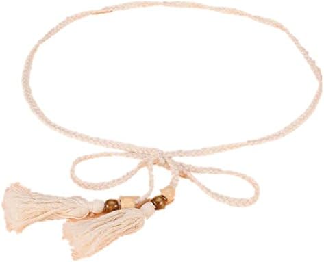Women Fashion Decorative Knitted Belt Tassels Waist Chain Waistband, White, One Size