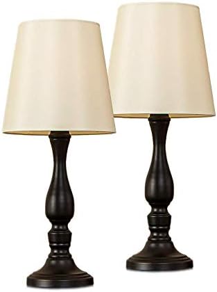 POPILION Set of 2 Black Metal Base Retro Bedside Desk Lamps,Vintage Table Lamps with White TC Fabric Shade,Night Light for Bedroom Living Room